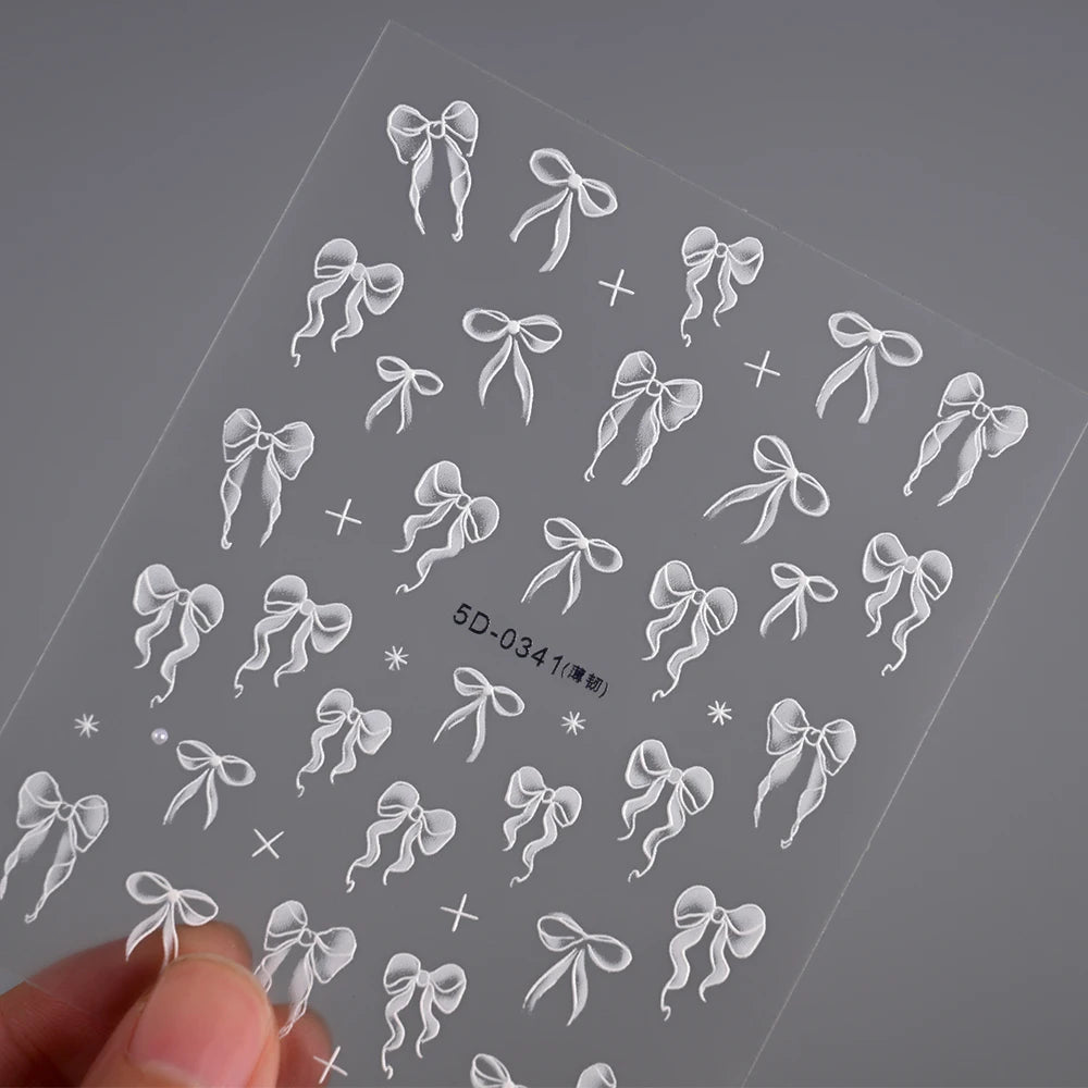 1pcs 5D White Lace Bowknot Nail Art Sticker Sweet Pearl  Bow Ribbon Self-Adhesive Nail Slider DIY Luxury Nail Decorations Decals