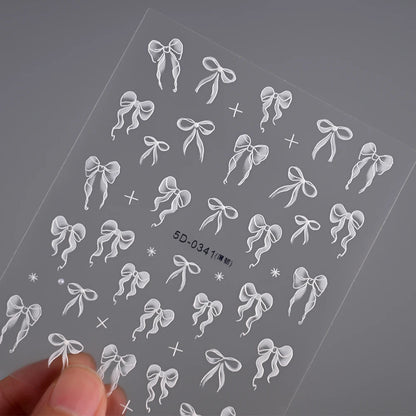 1pcs 5D White Lace Bowknot Nail Art Sticker Sweet Pearl  Bow Ribbon Self-Adhesive Nail Slider DIY Luxury Nail Decorations Decals