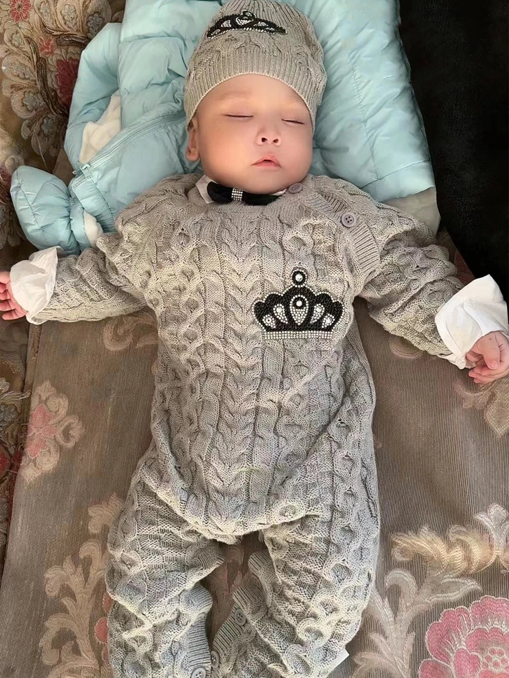 Dollbling Baby Boys' Knit Ribbed Romper Jumpsuit with Bodysuit and Hat 3pcs Set Newborn Cotton Knitted Sweater Romper Suit