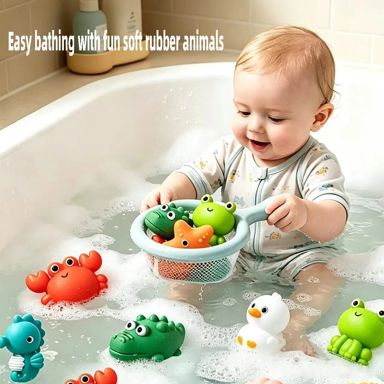 Frog Net Fishing Bath Toy Baby Floating Turtle Animal Squeeze Squeaky Pool Summer Splashing Water Toy Gift