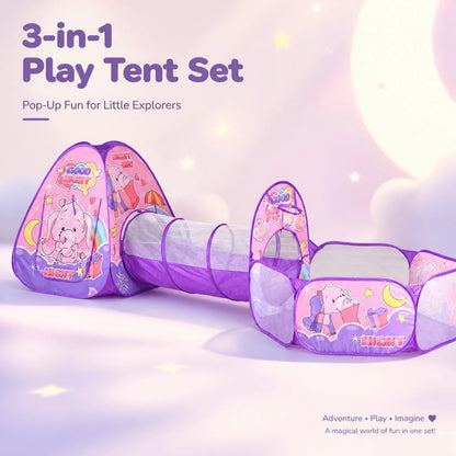 3 in 1 Pink Elephant Kids Play Tent with Crawl Tunnel & Ball Pit, Pop Up Foldable Toddler Playhouse, Breathable Mesh Safe Play Toy Indoor Outdoor Large Space for 2-3 Kids Ages 1-6，Quick Setup & Easy Storage with Carry Bag