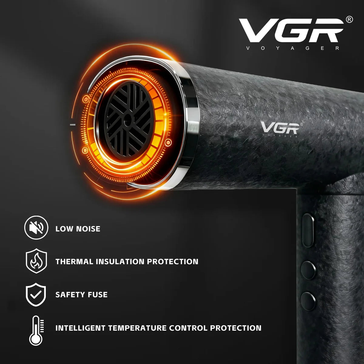 VGR Hair Dryer Professional Powerful Hair Dryer Low Noise Blow Dryer Leafless Electric Hair Blower Barber Salon Tools V-640HD
