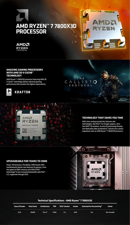 Ryzen 7 7800X3D CPU R7 7800X 3D Processor for A620 B650 B650E X670E 4.2 GHz 8-Core 16-Thread Socket AM5 7000 Series Bulk CPUs