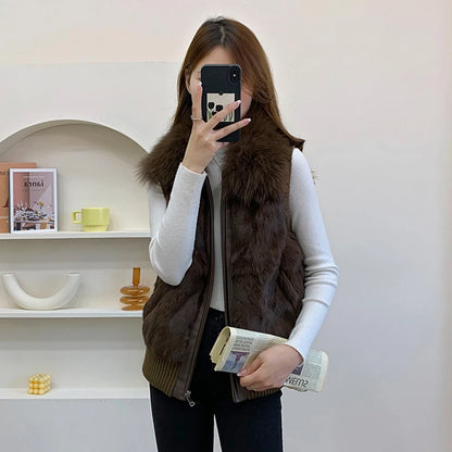 Women's Genuine Real Rabbit Fur Vest Coat Knitting Winter Fox Fur Collar Fur Jacket Casual Short Outwear Slim with Zipper