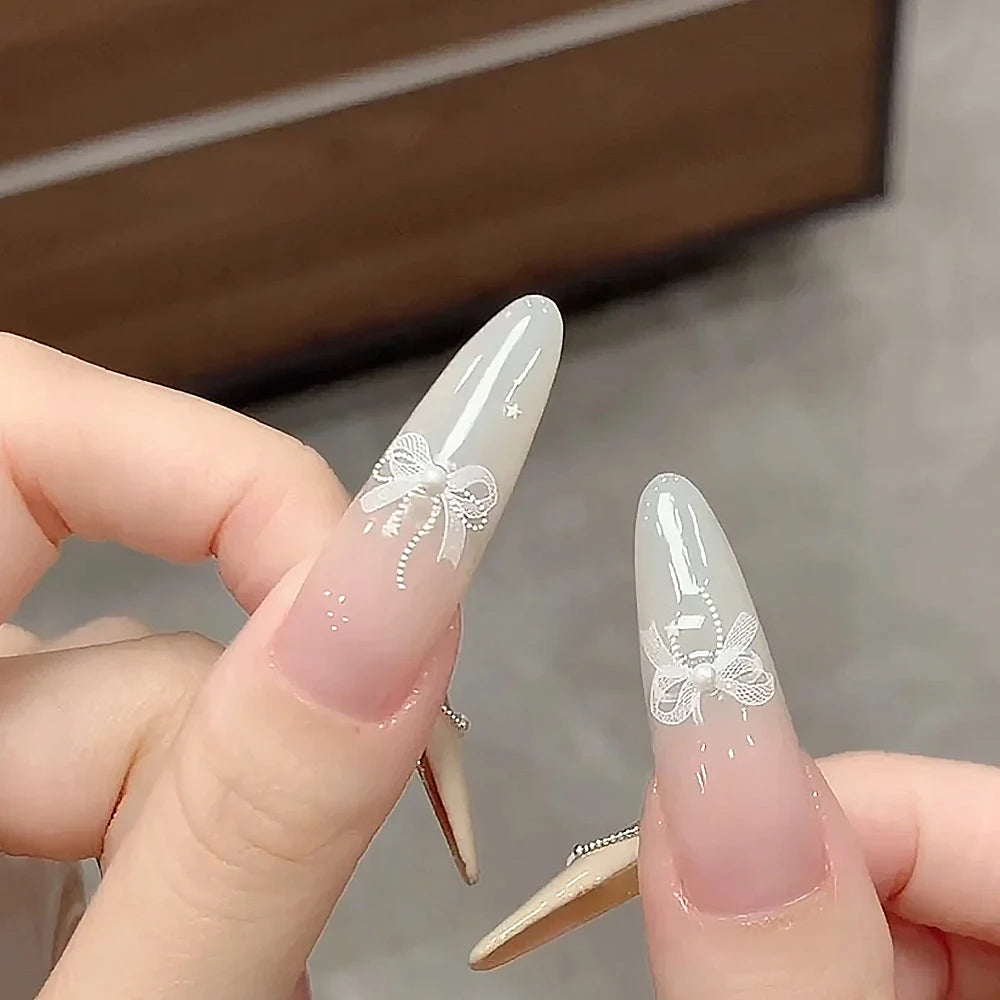 1pcs 5D White Lace Bowknot Nail Art Sticker Sweet Pearl  Bow Ribbon Self-Adhesive Nail Slider DIY Luxury Nail Decorations Decals