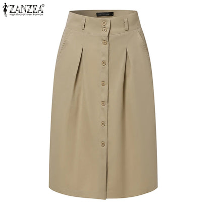 ZANZEA Woman Fashion OL Work Skirts Summer Elegant High Waist Skirt Female Casual Pleated Robe Vintage Buttons Up Faldas Saia