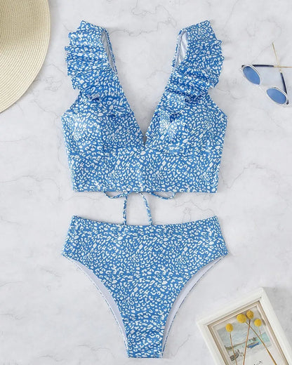 Solid Color Sexy V-neck Ruffle Bikini 2026 Women 2 Piece Swimwear Push Up Padded High Waist Swimsuit Summer Beach Bathing Suit