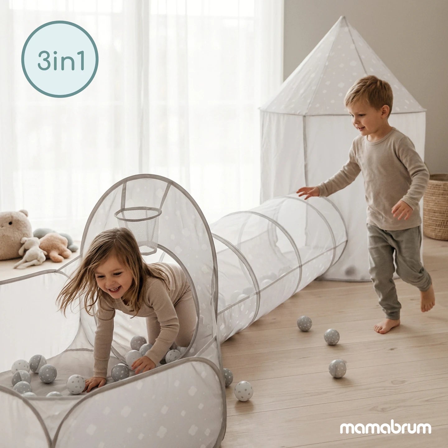 Mamabrum 3in 1 Tent with Tunnel and Pool for Big Kids Play Square 3 + Educational Set for Room and Garden Folding