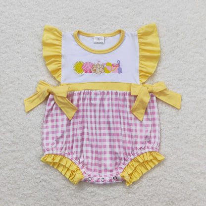 Wholesale Baby Girl Newborn Birthday Balloons Romper Bubble Embroidery Pink Plaid Bows Jumpsuit Kids Toddler Summer Clothes