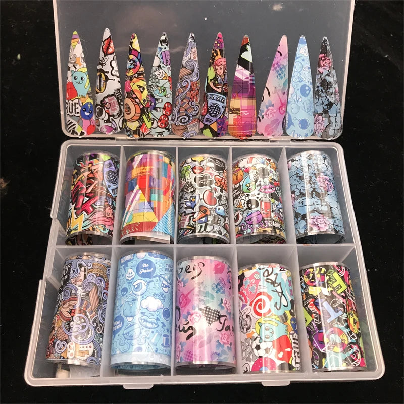 10 Patterns New Metal Nail Foils for Transfer Paper Stickers Floral Chameleon Nails Wraps DIY Water Marble Nail Art Decorations