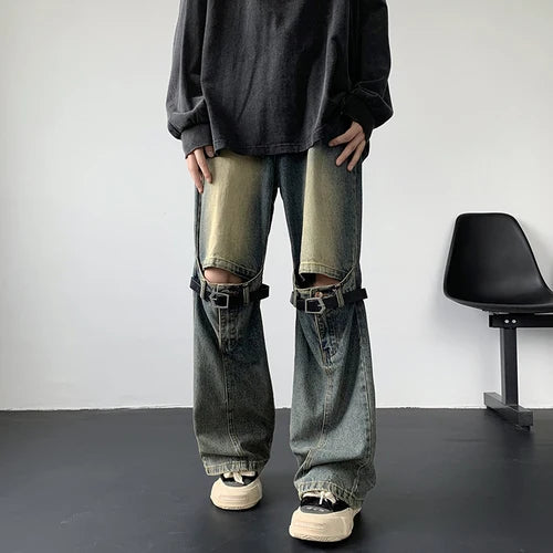 Men's Jeans Retro Trousers Knee Holes Splicing High Street Loose Denim Trousers Flared Jeans Straps Cowboy Casual Long Pants