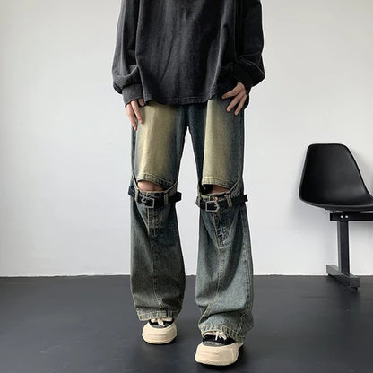 Men's Jeans Retro Trousers Knee Holes Splicing High Street Loose Denim Trousers Flared Jeans Straps Cowboy Casual Long Pants