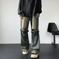 Men's Jeans Retro Trousers Knee Holes Splicing High Street Loose Denim Trousers Flared Jeans Straps Cowboy Casual Long Pants
