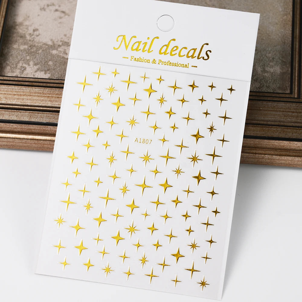 1pcs 3D Bronzing Gold Love Heart Nail Art Stickers Y2K Holographic Stars Sun Starlight DIY Nail Decals Heart Manicure Decoration