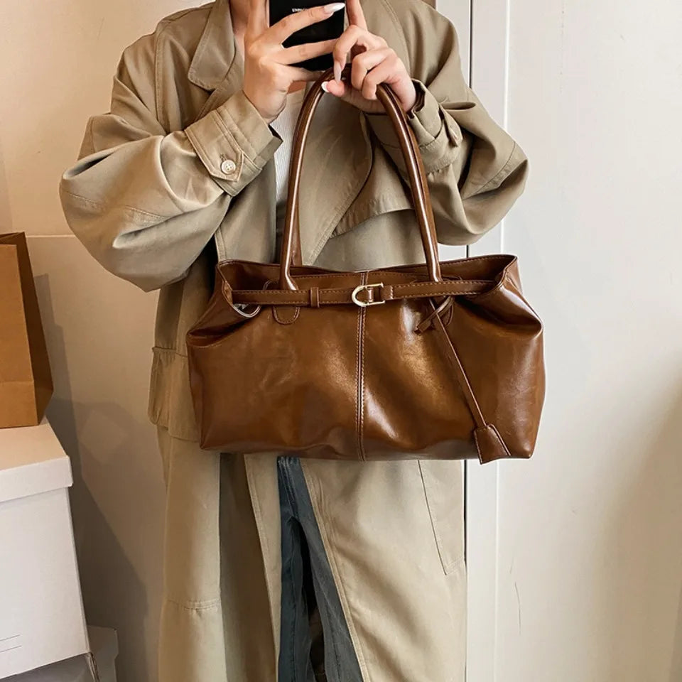 Oil PU Leather Hobo Handbag Slouchy Shoulder Bag Retro Top-Handle Bag Large Work Bags for Women Gilrls Tote Work Shopping Travel