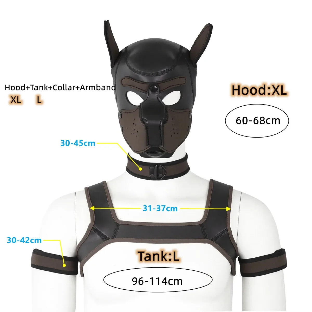 XL Large Size Puppy Cosplay Neoprene Fetish Hood Mask Kit with Chest Strap Collar Armband Sex Costumes for Bdsm Slave Role Play
