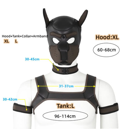 XL Large Size Puppy Cosplay Neoprene Fetish Hood Mask Kit with Chest Strap Collar Armband Sex Costumes for Bdsm Slave Role Play