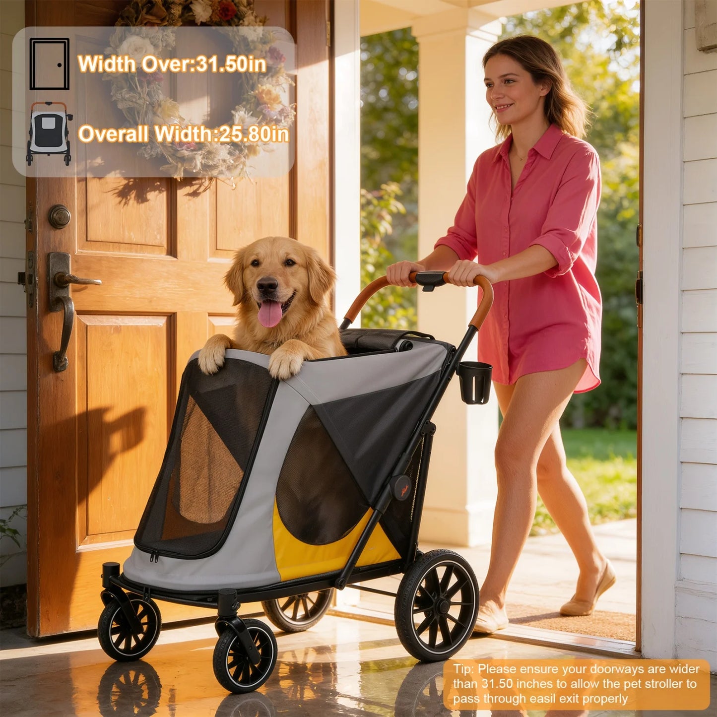 One-Click Folding Dog Stroller for Large Dogs Outdoor Pet Jogger Wagon Stroller Carrier with Storage Pockets 4 Wheels Pet Travel Stroller