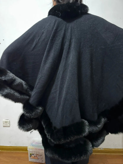 2024 Women 2 Circle Wraps Long Faux Rabbit Fur Cape Poncho Winter Loose Thick Warm Shawl Outerwear Knitted Cloak Overcoat