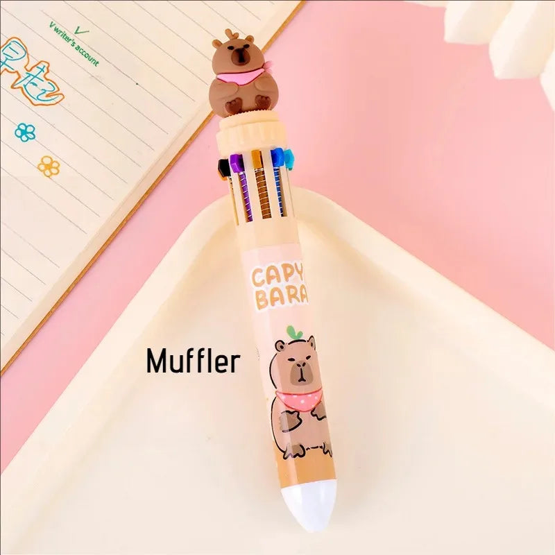 10-Color Kawaii Capybara Multifunctional Gel Pen 0.5mm Fine Tip Cute Cartoon Brown Pen for Office School Student Stationery
