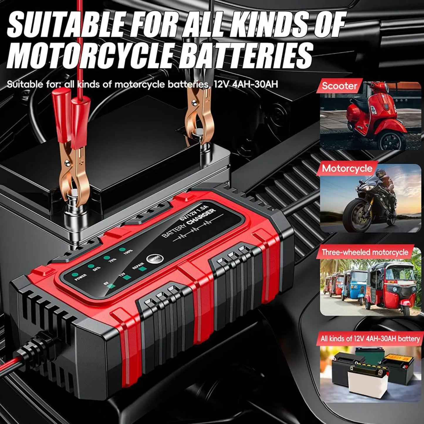 Motorcycle Battery Charger 6V/12V Auto Charging Maintainer Trickle Charger for Car Battery for Boat RV Truck Lawn Mower Golf