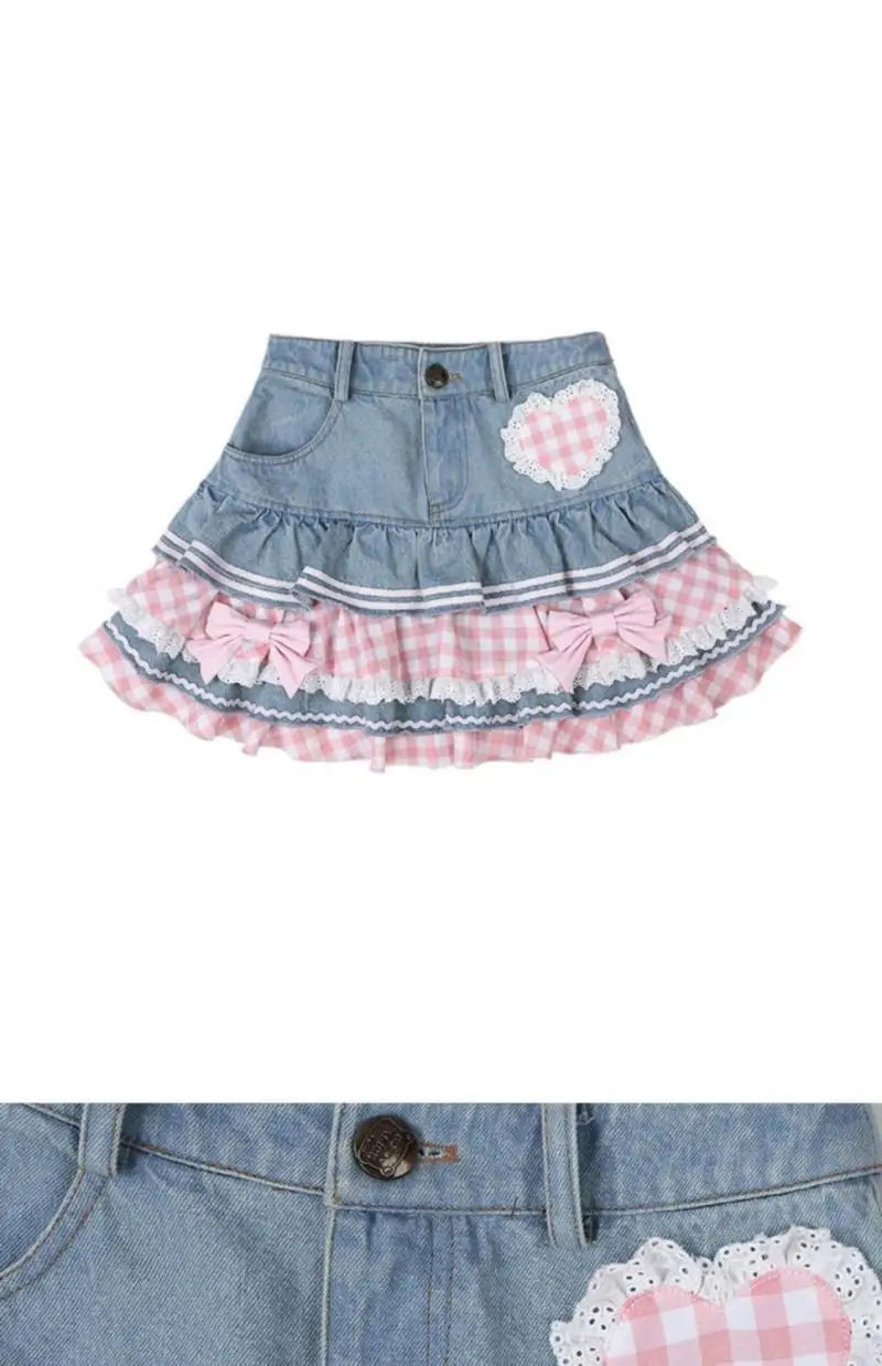 Kawaii Girls Lolita Skirts Japanese Women Harajuku Ball Gown Denim Skater Y2K High Waist Lace Cake Skirts Versatile Puffy Skirts