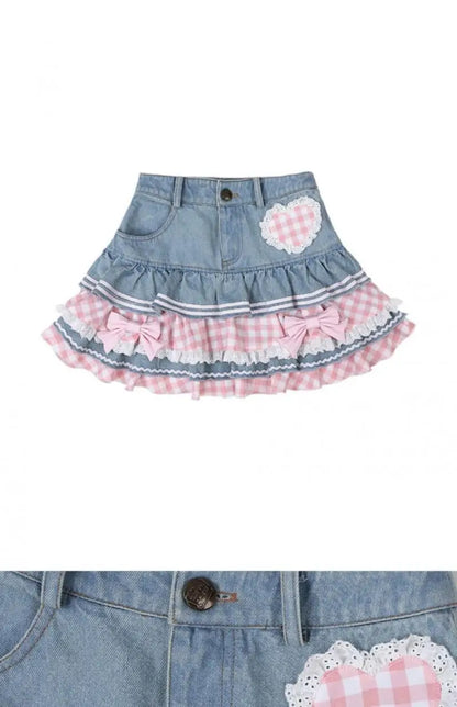 Kawaii Girls Lolita Skirts Japanese Women Harajuku Ball Gown Denim Skater Y2K High Waist Lace Cake Skirts Versatile Puffy Skirts