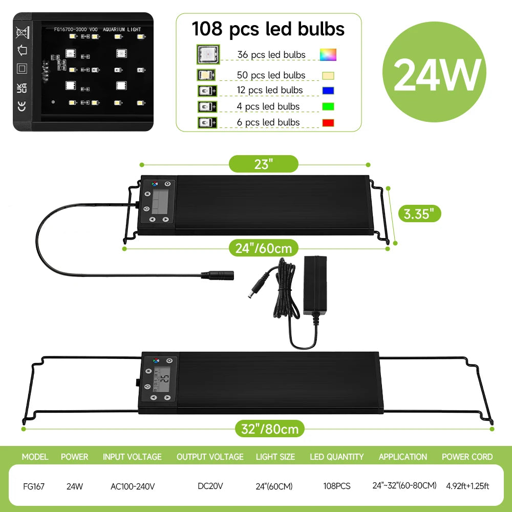 30-60cm Fish Tank 24/7 Full Spectrum Lighting LED Light Aquarium Decoration Aquatic Plant Growth Lamp IP68 Waterproof 100V-240V