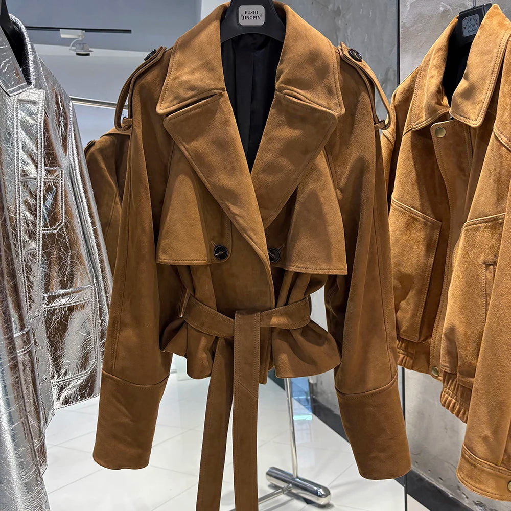YOLOAgain Vintage Grain Leather Jacket Women Real Leather Sheepskin Jacket With Belt