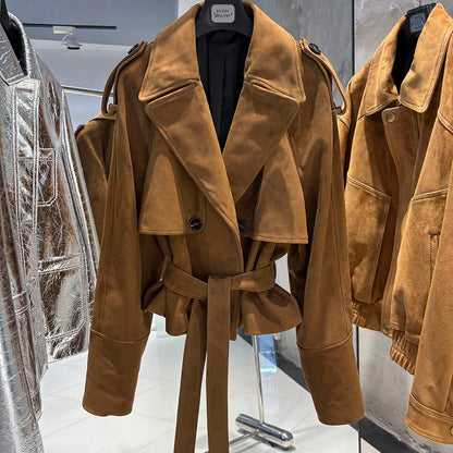 YOLOAgain Vintage Grain Leather Jacket Women Real Leather Sheepskin Jacket With Belt