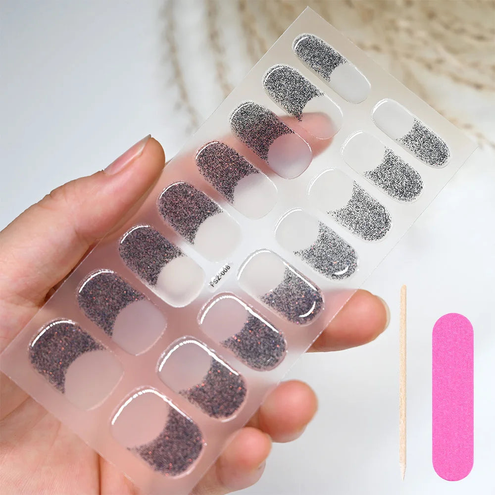 16Tips White French Semi-Cured Gel Nail Patch Sliders Full Cover Gel Nail Stickers For UV Lamp Adhesive Decals Manicure Patch #7