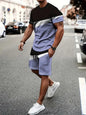 Summer Men's Stripe Print Short Sleeve Tee Elastic waist Shorts 2 Pieces Set Plus Size Loose O-Neck T-shirt Pockets Shorts Set