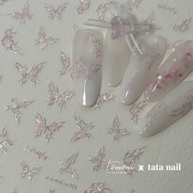 Shiny Jelly Butterfly Charming Golden Gradient Bowknot 5D Self Adhesive Nail Art Sticker Flower Petal Rhinestone Manicure Decals