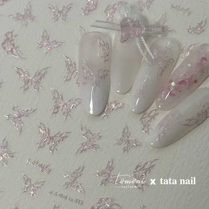 Shiny Jelly Butterfly Charming Golden Gradient Bowknot 5D Self Adhesive Nail Art Sticker Flower Petal Rhinestone Manicure Decals