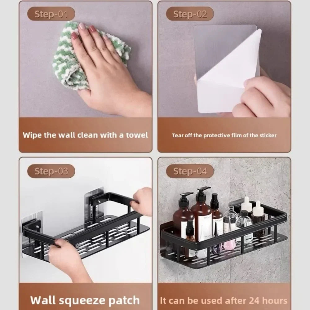 Wall Mounted Shower Rack Large Capacity No Drilling for Bathroom Kitchen Space Saving Easy Install Store Toiletries Cosmetics