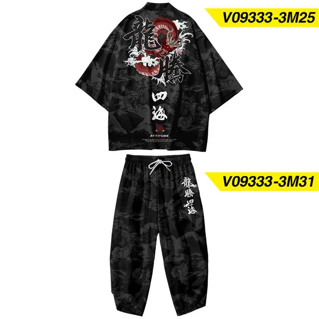 Large Size 5XL 6XL Japanese Kimono Cardigan Pants Set Print Fox Men Women Shirt Tradition Yukata Haori Obi Cosplay Costume
