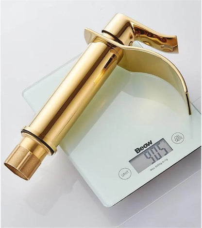 Basin Faucet Gold and White Waterfall Faucet Brass Bathroom Faucet Bathroom Basin Faucet Mixer Tap Hot and Cold Sink Faucet