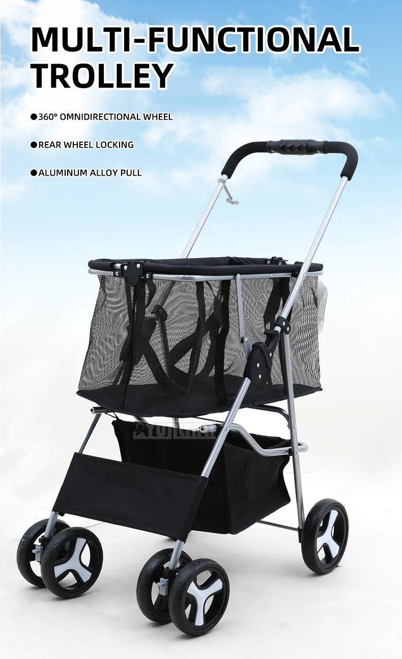 Foldable Pet Stroller, Detachable Dog Cart with Shopping Basket, Lightweight for Camping Picnic
