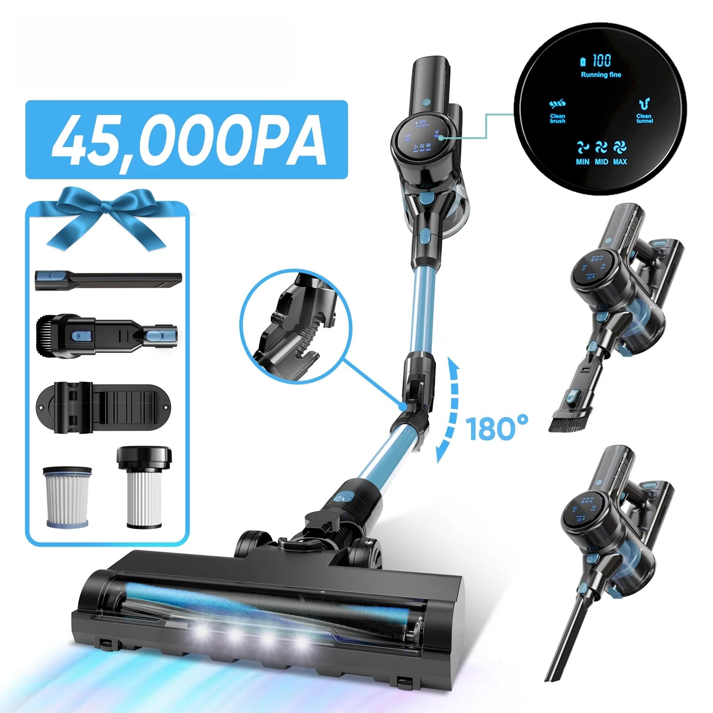 Cordless Vacuum Cleaner,45KPA Stick Vacuum with LED Display,3 Modes 6 in 1 Self-Standing Stick Vacuum Cordless Rechargeable, Handheld Vacuum for Pet Hair/Carpet/Floor/Car