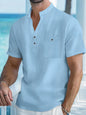 Men's Cotton Linen Short-Sleeve Shirt with Stand Collar & Half-Button Placket - Casual Outdoor Leisure Wear for Spring and Summe
