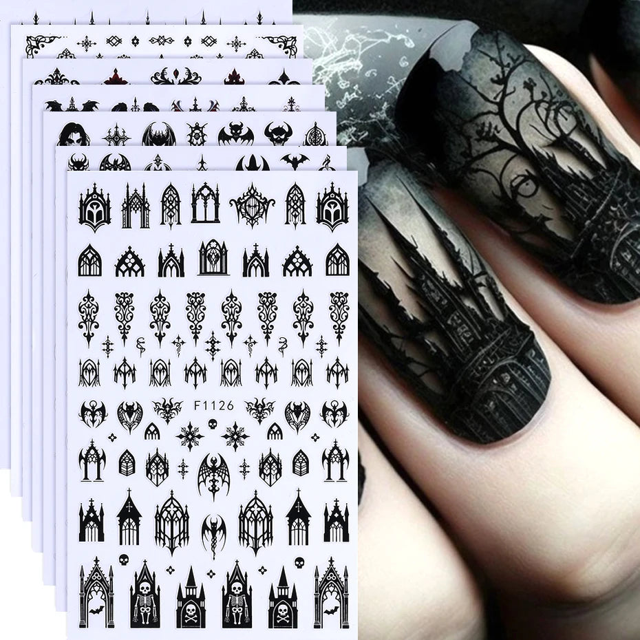 7/8pcs 3D Gothic Black Halloween Nail Stickers Cool Design Alphabet Letter Lace Castle Skull Y2K Manicure Decoration Accessories