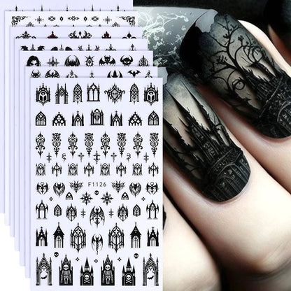 7/8pcs 3D Gothic Black Halloween Nail Stickers Cool Design Alphabet Letter Lace Castle Skull Y2K Manicure Decoration Accessories