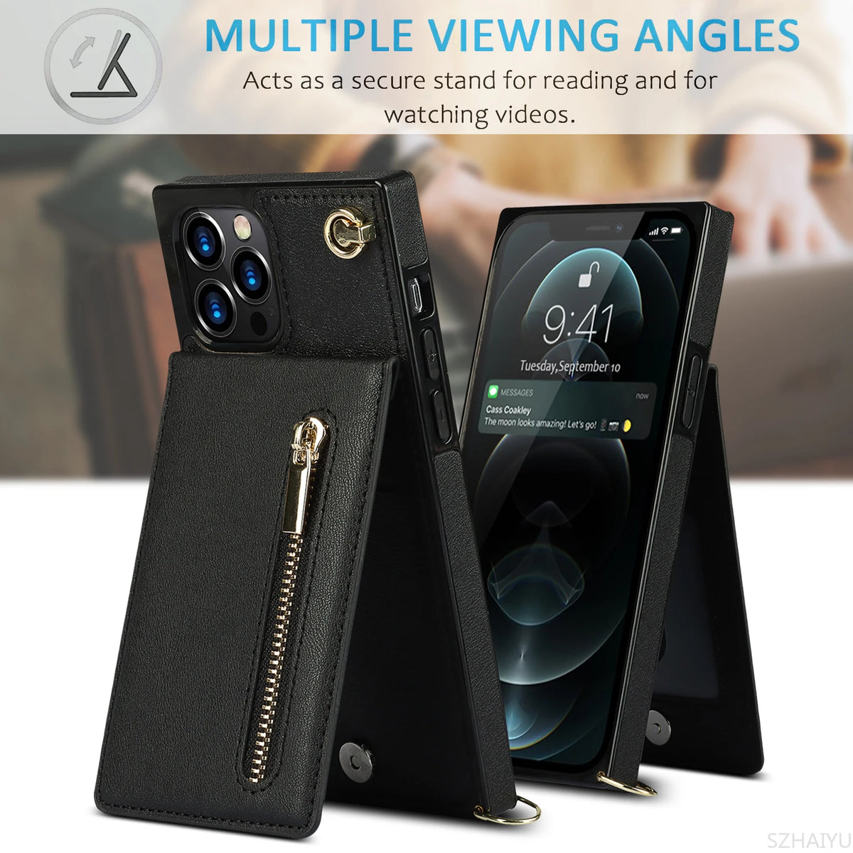Zipper Wallet for IPhone 17 Air 16 16E 15 14 13 12 11 Pro Max Plus Case with Card Holder Lanyard Strap Crossbody Leather Cover