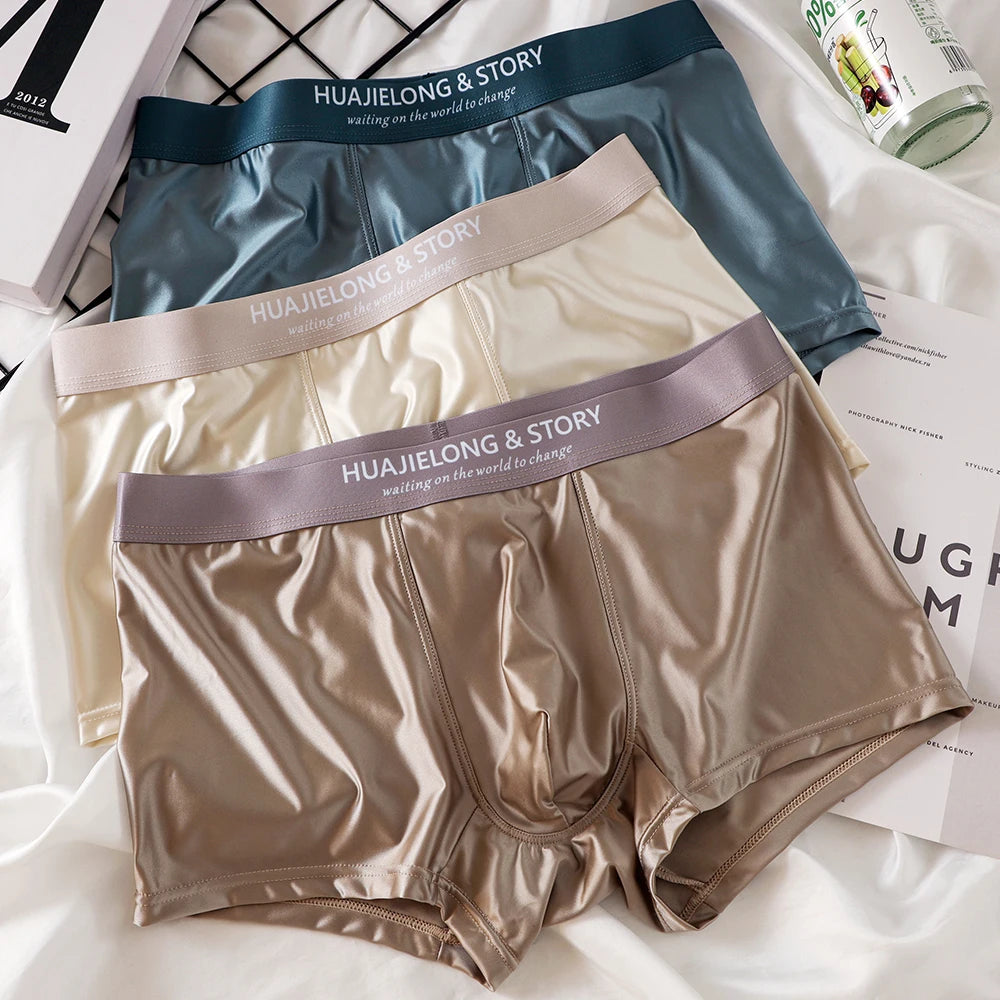 1/3Pcs Breathable Thin Satin Silk Boxer Briefs Seamless Mid Waist Ice Silk Boxers Underpants Smooth Underwear for Men Daily