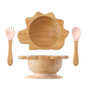 Baby Wooden Tableware Set Wooden Handle Fork Spoon Could Bamboo Wooden Plate Bowl Silicone Suction for Children Feeding Supplies
