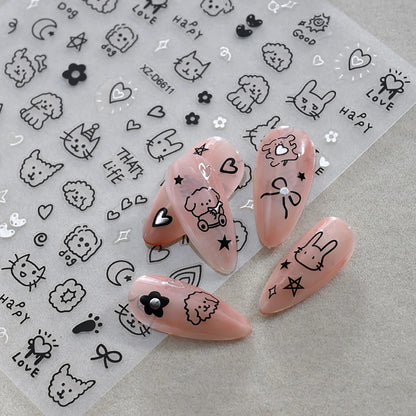 12pcs/set Cute Cartoon Dog/Cat Nail Art Stickers 3D Graffiti Black Cat Dog  Nail Decals 8*10cm Self-Adhesive Cartoon Nail Art Su