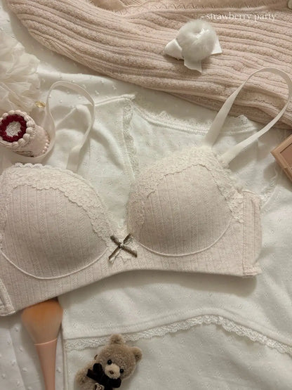 Teenage Sexy Lace Floral Bra Set Comfortable Non-steel Ring Beauty Back Small Breasts Gathered up Support Anti-Sagging Bra Set