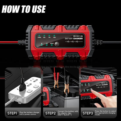 Motorcycle Battery Charger 6V/12V Auto Charging Maintainer Trickle Charger for Car Battery for Boat RV Truck Lawn Mower Golf