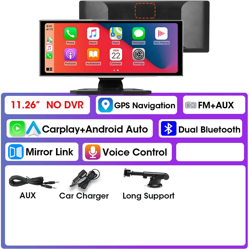Srnubi 11.26 Inch 4K Dash Cam Wireless CarPlay & Android Auto Portable Car DVR Intelligent Systems Video Recorder GPS Navigation