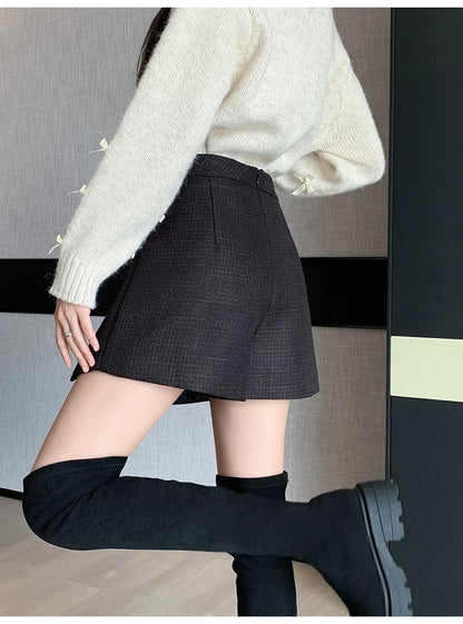 Autumn Winter Tweed Skirts Shorts Women Fashion Streetwear Cross Irregular Booty Shorts Pink Black Culottes Wide Leg Short Pants